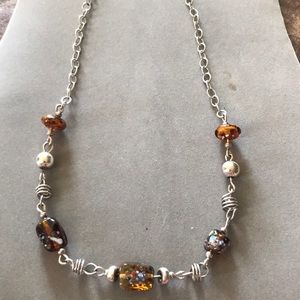 Glass works necklace 17” silver and brown tones